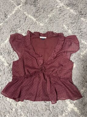American Eagle Outfitters Burgundy Polka Dot Ruffle Tie-Front Blouse NEVER WORN